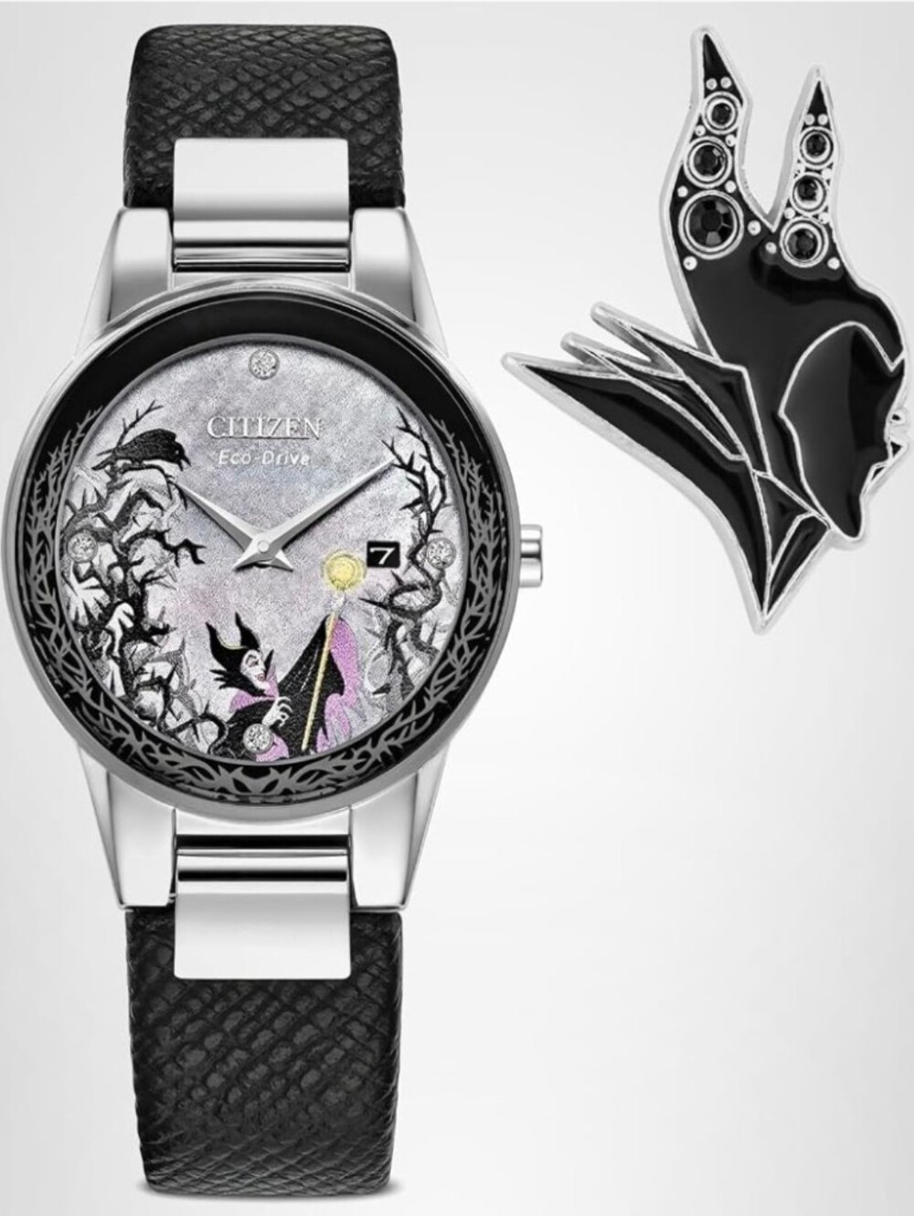 Disney Women's Eco Drive Maleficent's Charm Box Set, Disney Villains, Stainless